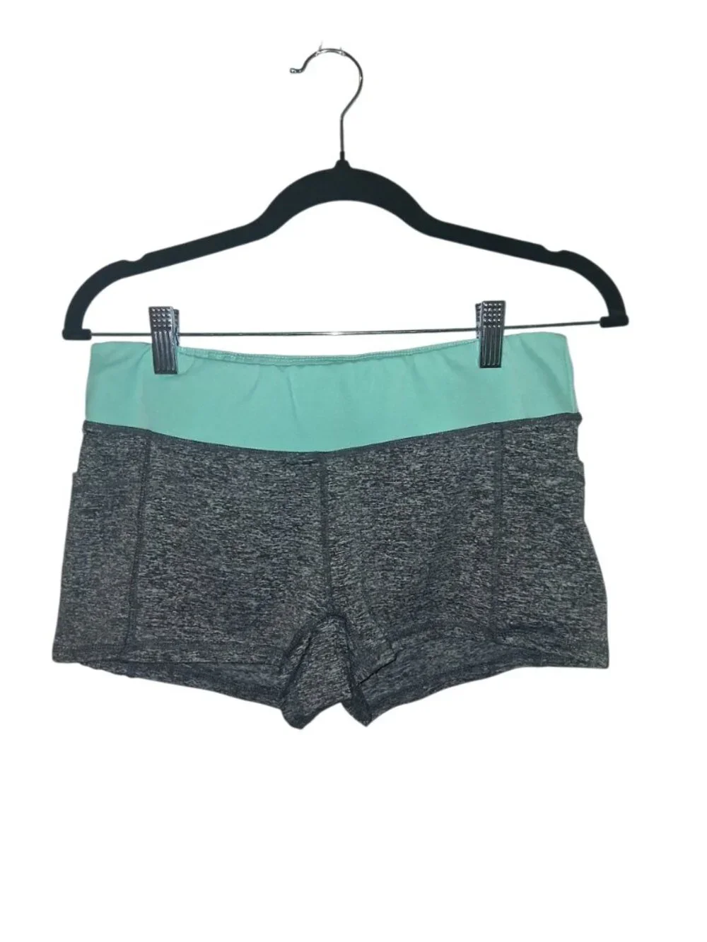 Women's Gray Heather Athletic Compression Booty Shorts Mint Waistband Size Large - Picture 2 of 6